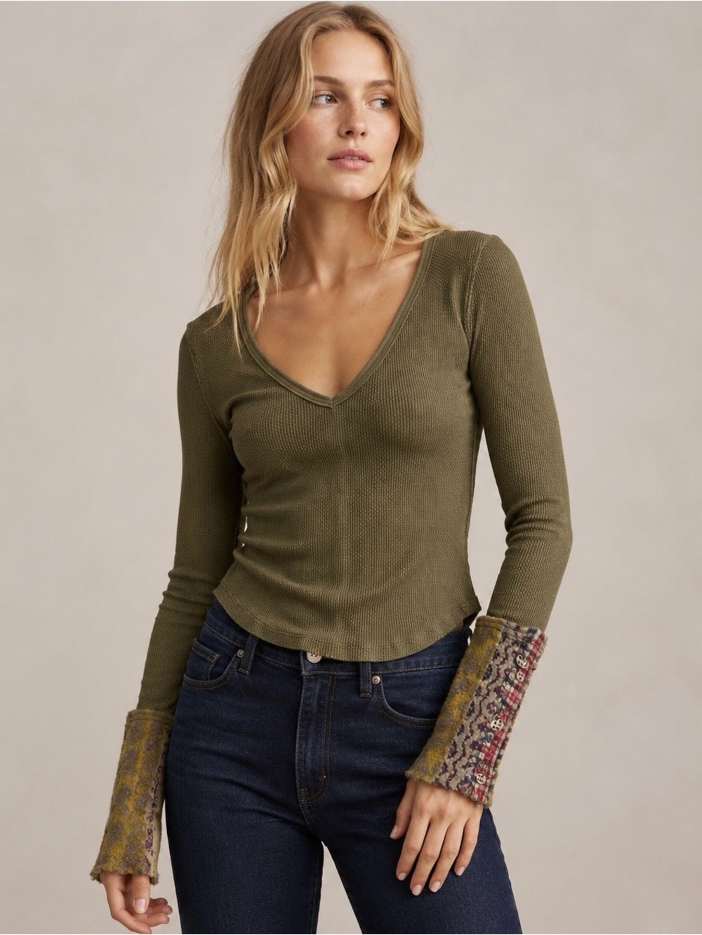 Free People We The Free Olive Thermal Mixed Media Cuff Top Small EUC